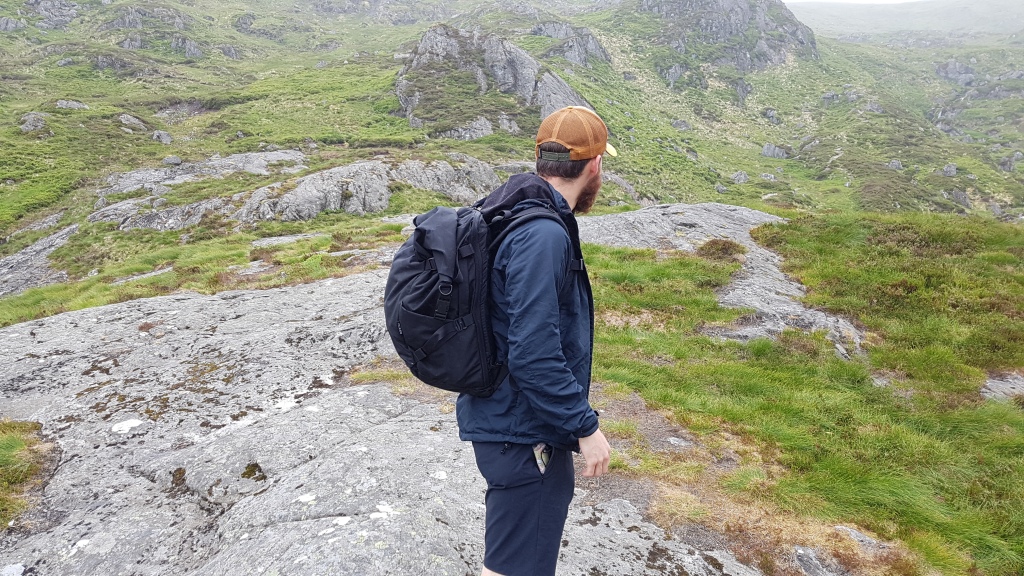 Attitude Supply ATD1 backpack on body side view hiking in Scotland