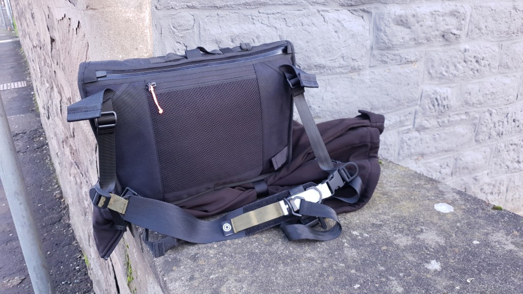 Orbit Gear R221 techwear sling bag review back panel padded overload straps softshell jacket