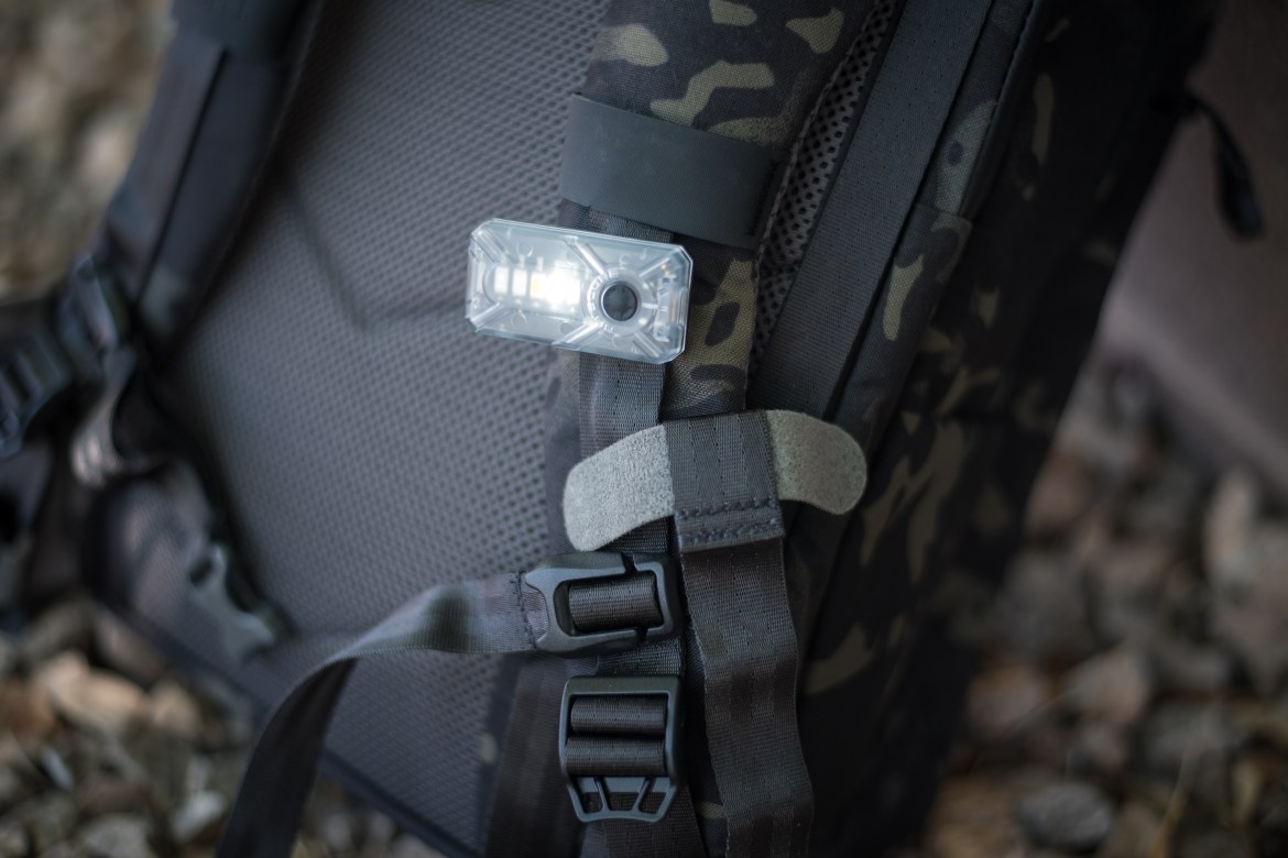 Vanquest Addax 25 backpack straps with Nitecore NU07 light marker accessory multicam black padded back panel