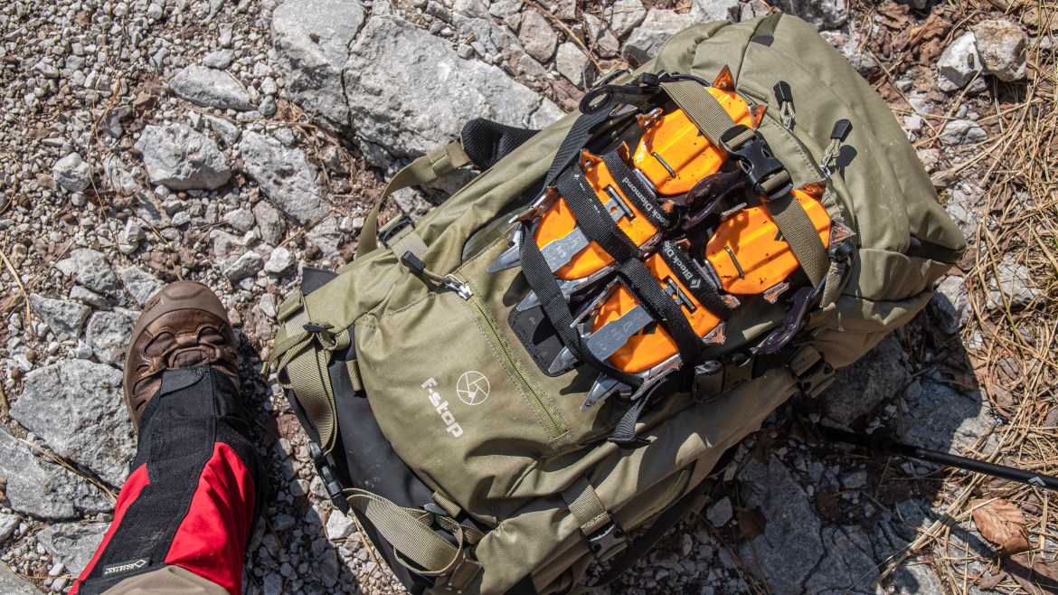 F-Stop Tilopa camera bag review hiking gear crampons gatekeeper attachment