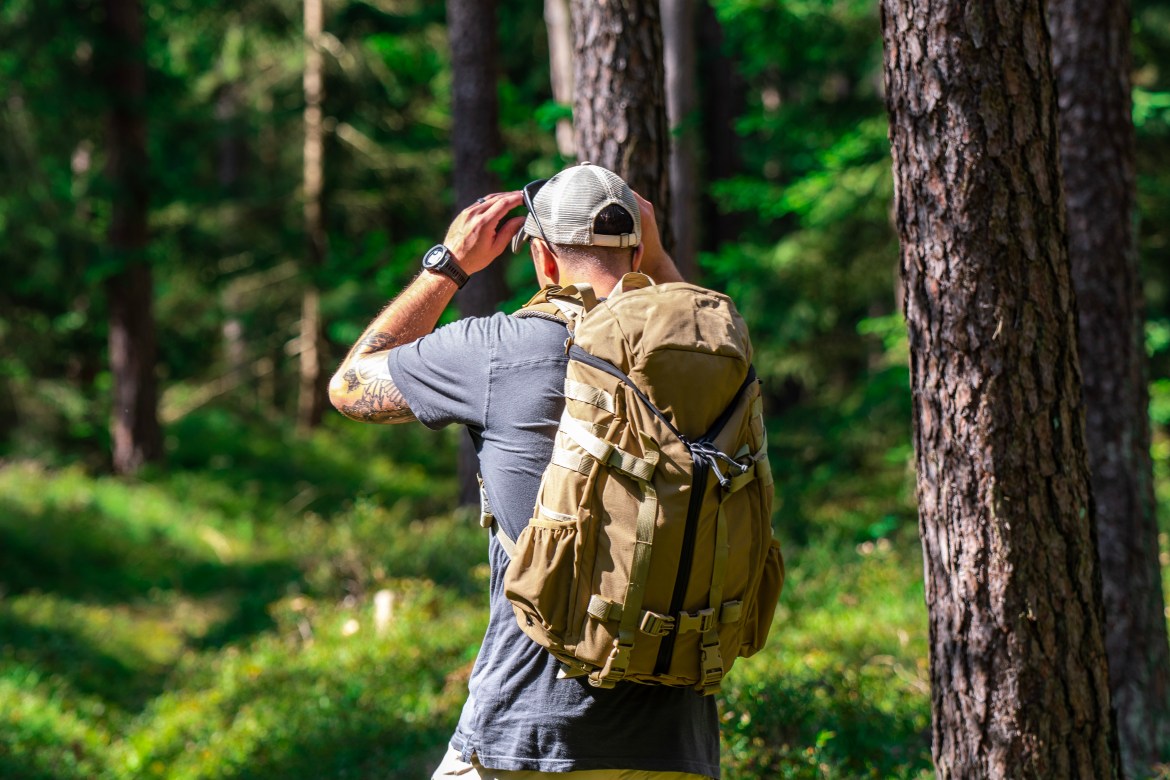 Mystery Ranch 3-day assault pack backpack review coyote brown military rucksack in forest bushcraft hiking use