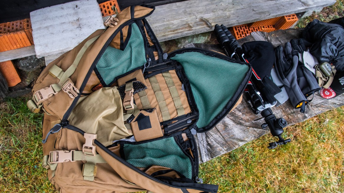 Mystery Ranch 3DAP trizip design open interior layout view inside mesh pockets molle webbing