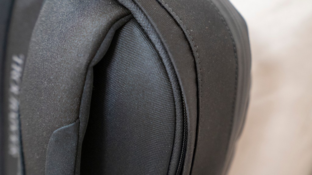 Troubadour Apex backpack review close up fabric detail recycled polyester fabric padded straps and back panel