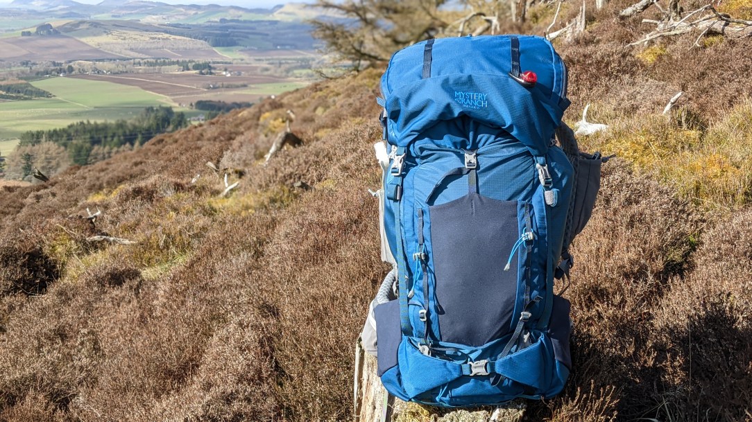 Mystery Ranch Bridger 55 backpack in nature Del Mar blue colorway stretch panel hiking bag