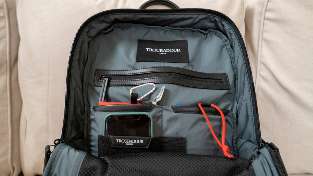 Troubadour Apex backpack review organisation section cell phone pocket interior zip pockets