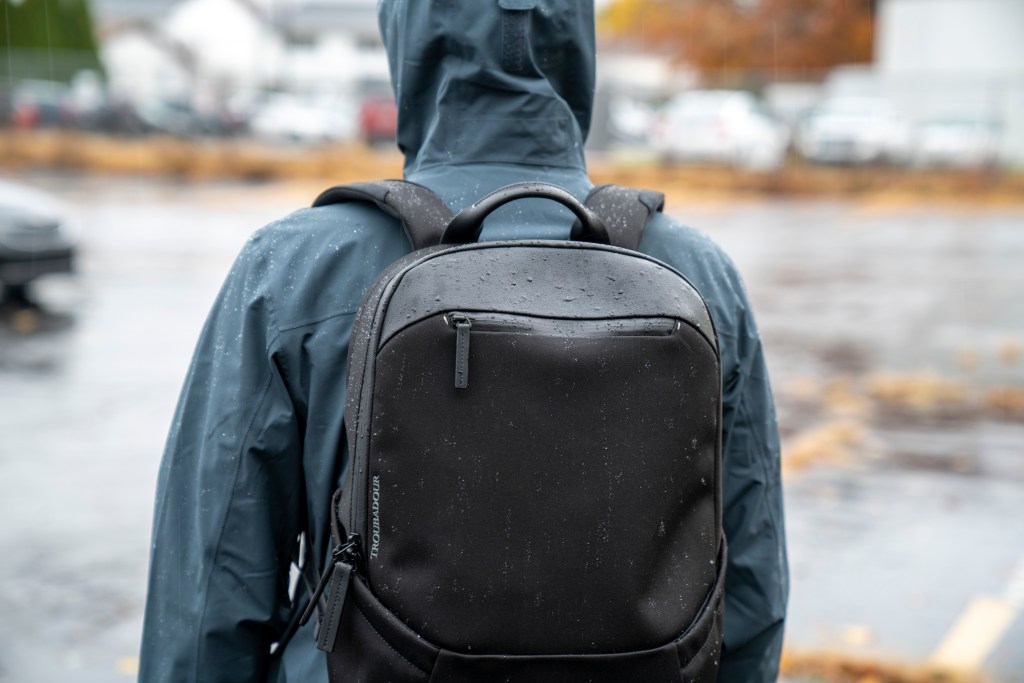 Troubadour Apex backpack review tested in rain water resistance faux leather vegan water resistant backpack